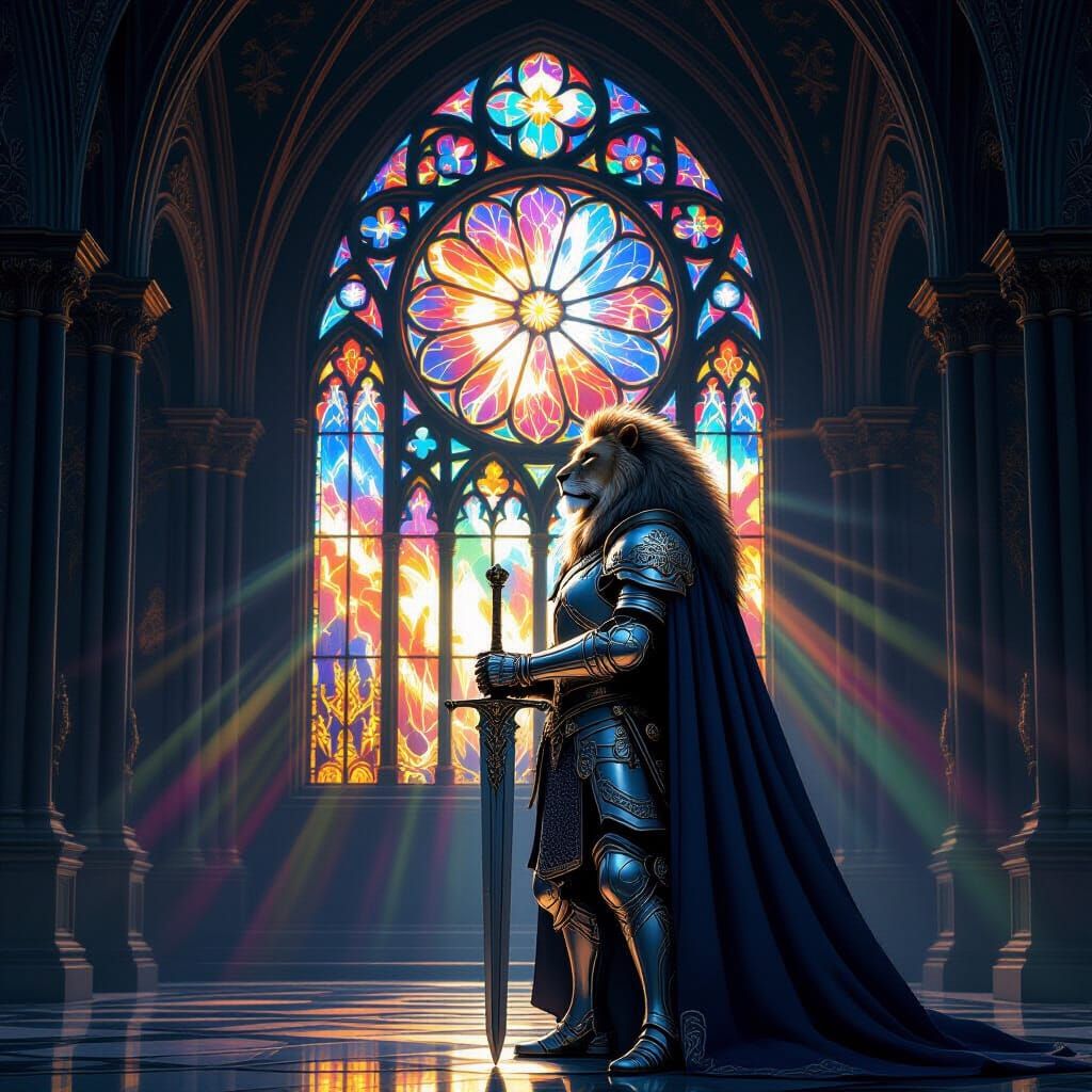 Lion Knight Guards Gothic Cathedral in Dark Fantasy Style