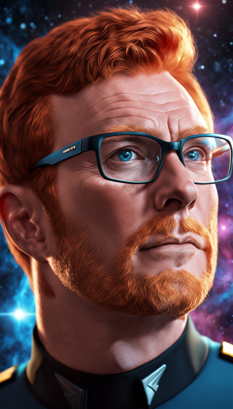 Redhead Librarian Amidst Galaxies and Star Trek Imagery