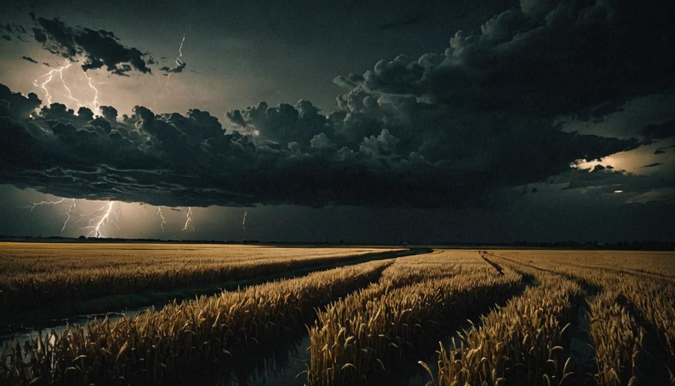 Dramatic Black Storm Over River at Night