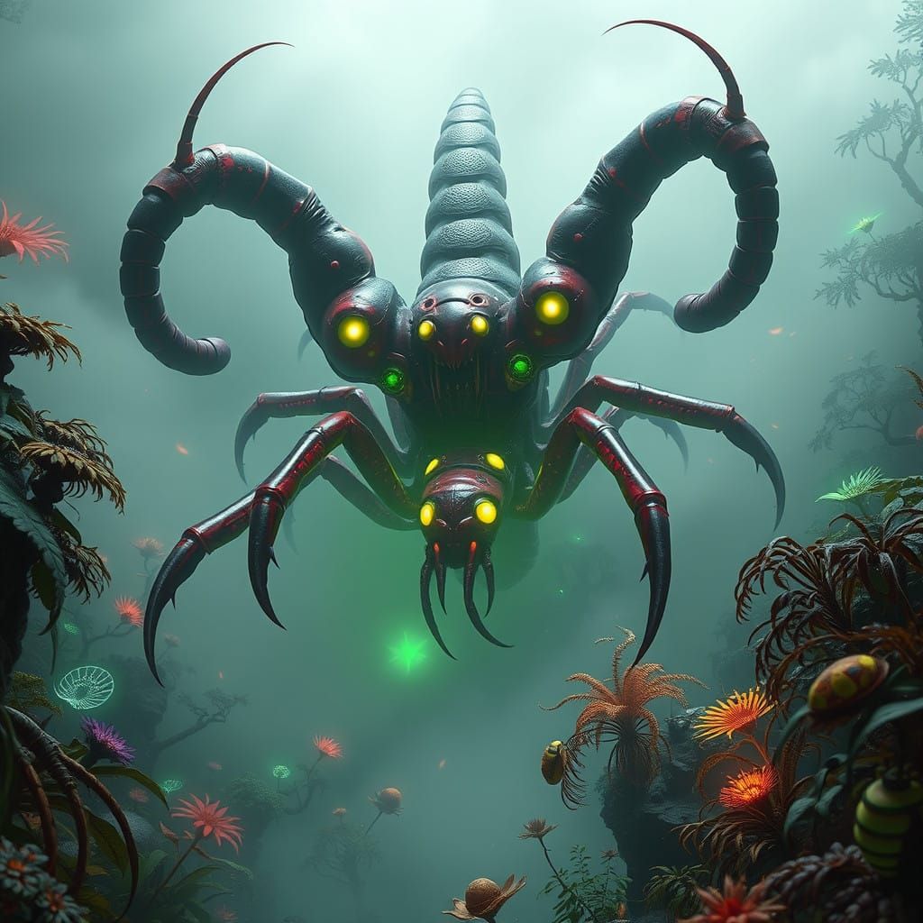 Surreal, Crimson-Colored, 3-Headed Centipede Demon in Alien...