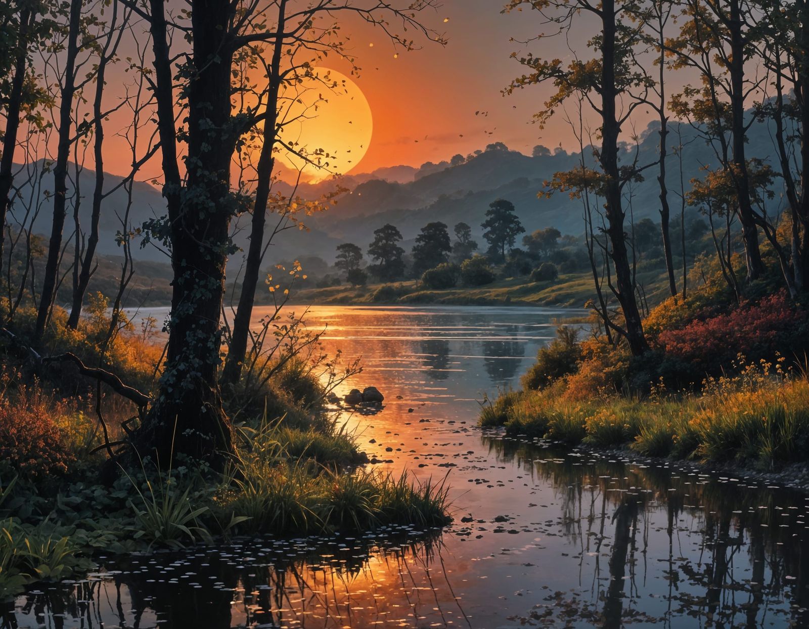 Pointillist Sunset Over Tranquil Countryside