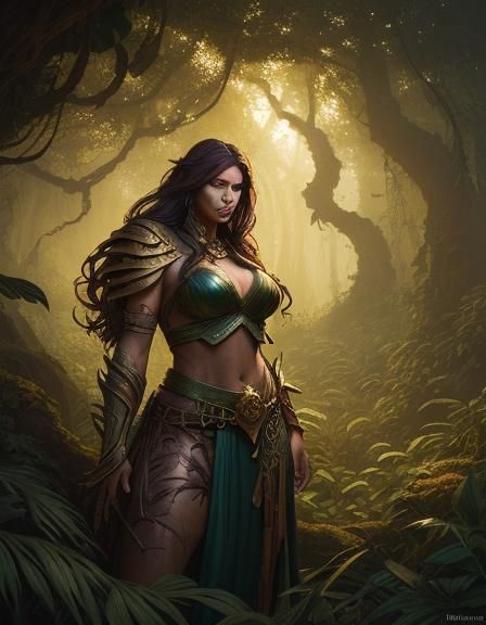 Simon Bisley style fantasy art. Medium shot. A BBW lady, a d...