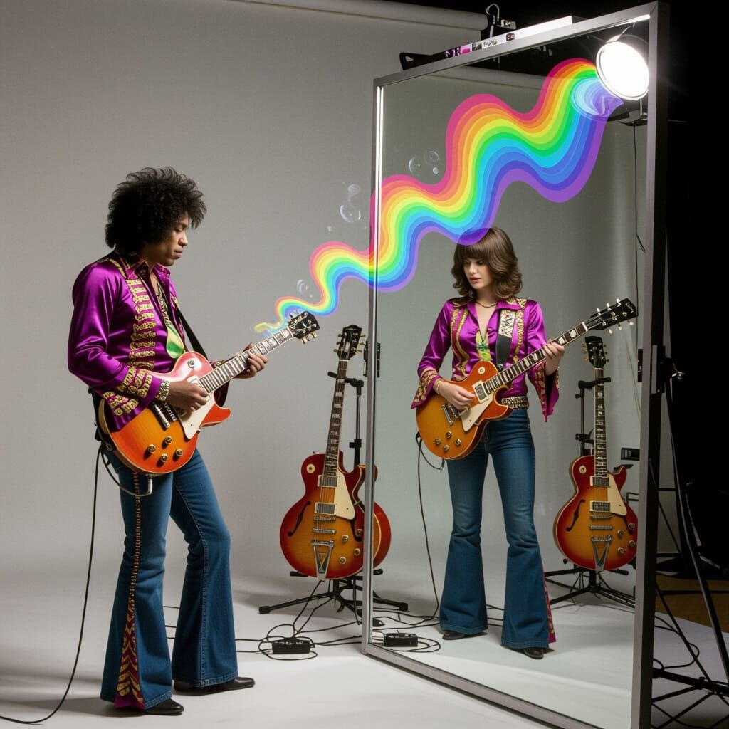 Jimi Hendrix and Guitarist Muse in Mirror Studio Scene