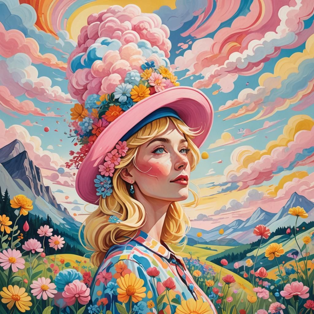 Whimsical Gouache Painting of Woman in Dreamlike Landscape