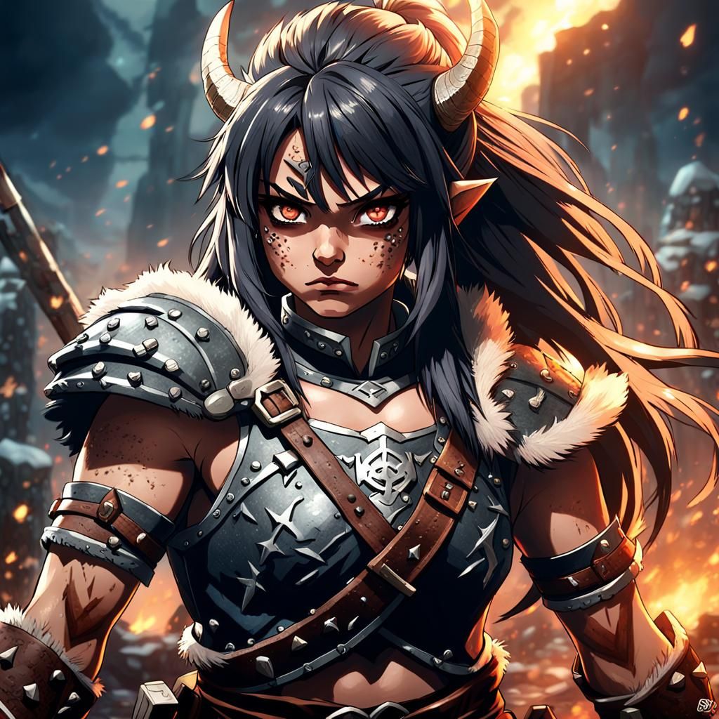 Strong Female Barbarian Portrait in Anime Style