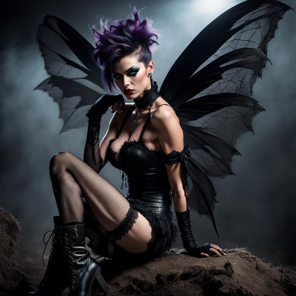 Punk Fairy with Lace Wings in 80s Comic Style
