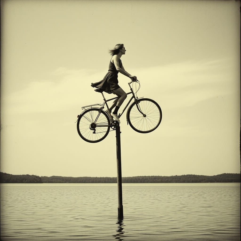 Surreal Woman on Bicycle Over Lake