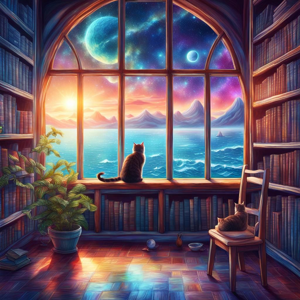 Library with Sea View in Astral Illustration