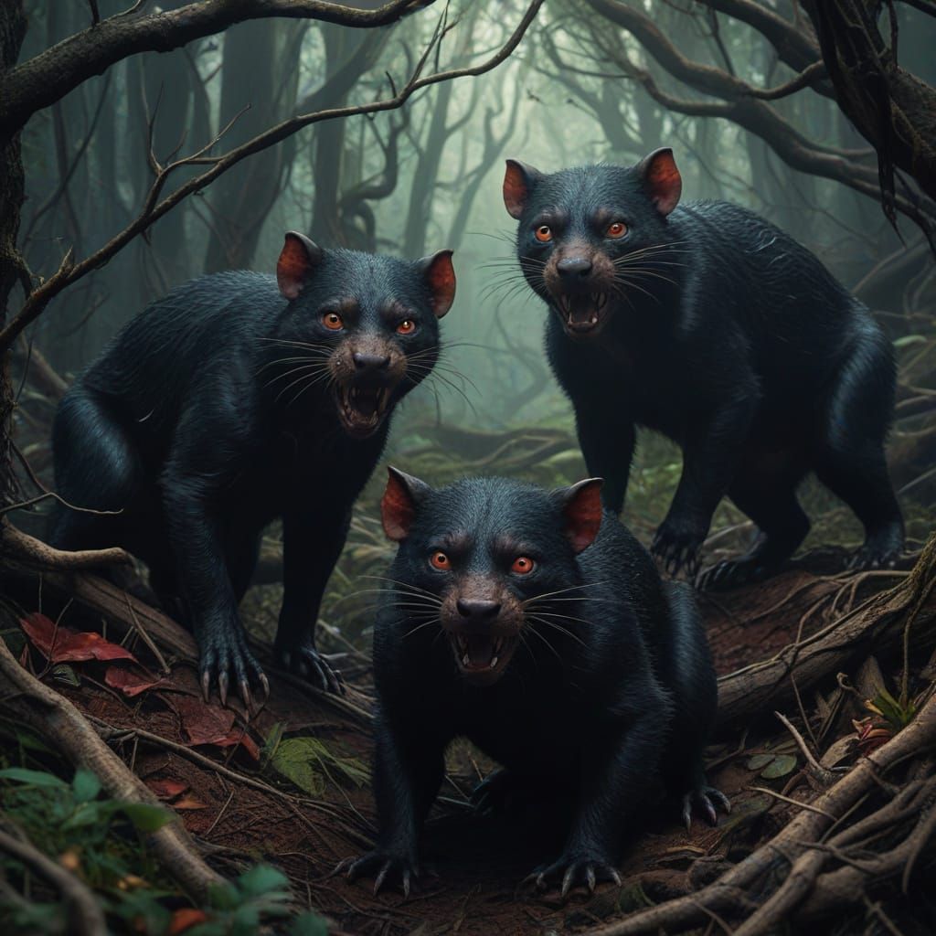 Tasmanian Devils Prowl Forest Shadows in Gothic Art Style