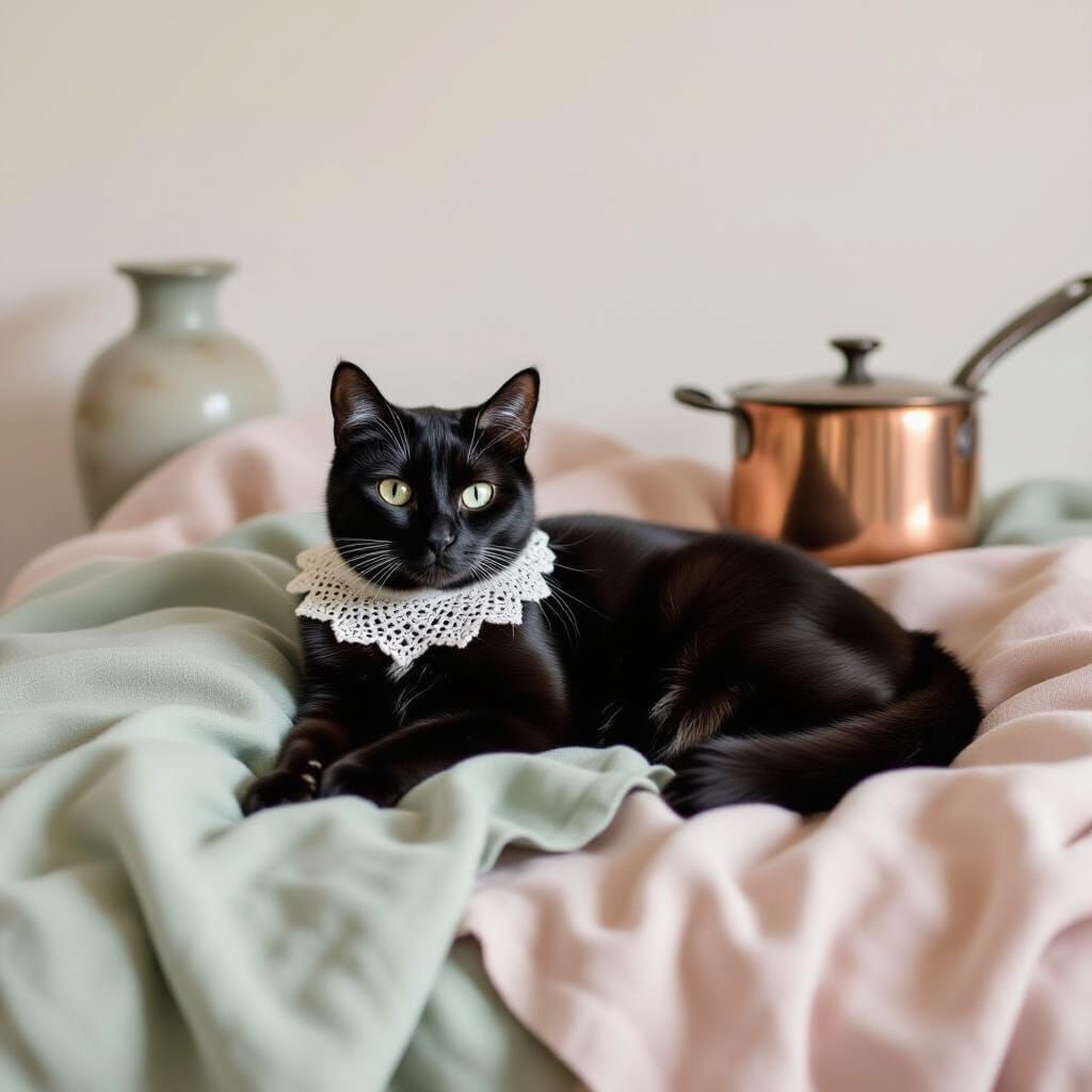Black Cat Lounging on Natural-Dyed Fabrics