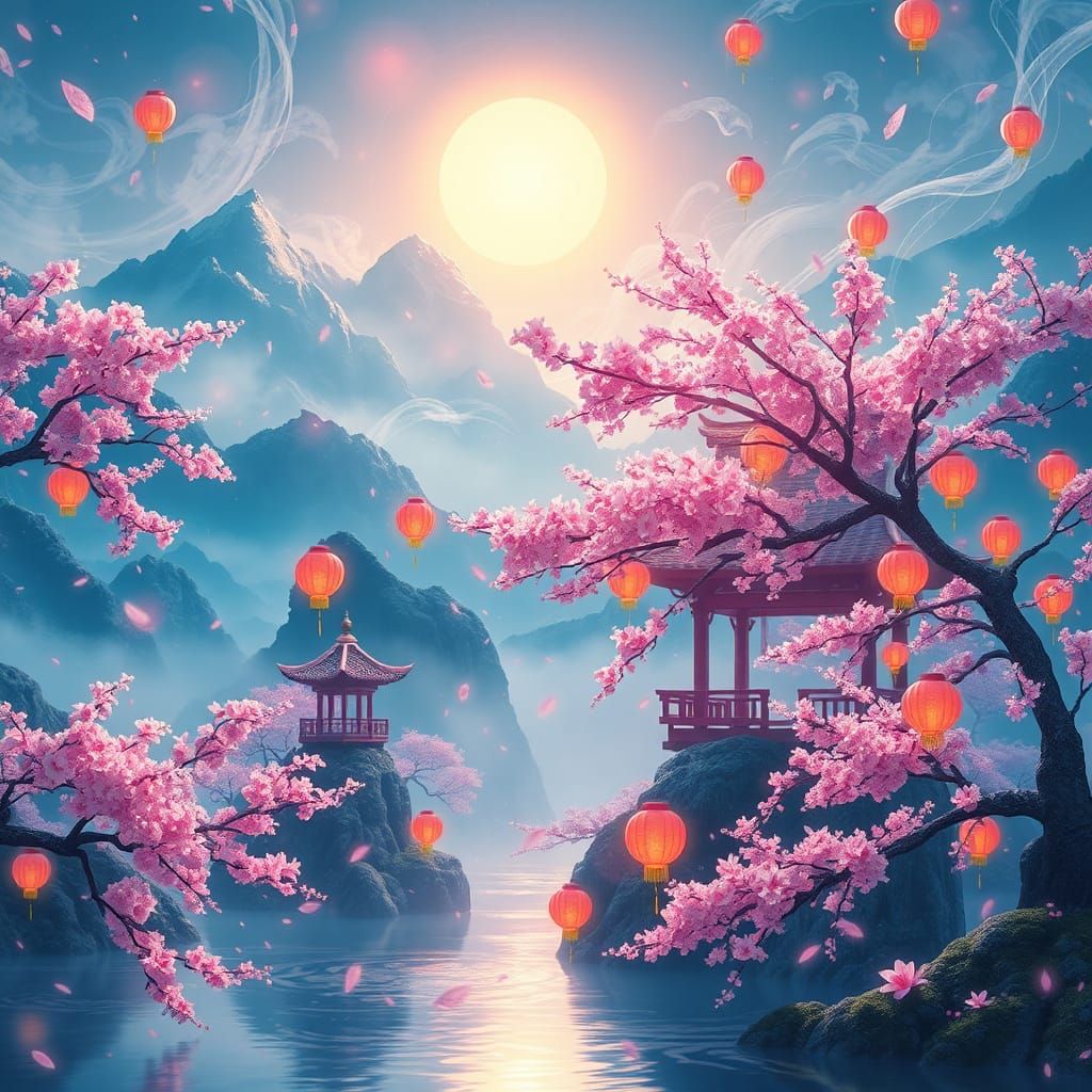 Oriental Goddess Surrounded by Swirling Iridescent Magic