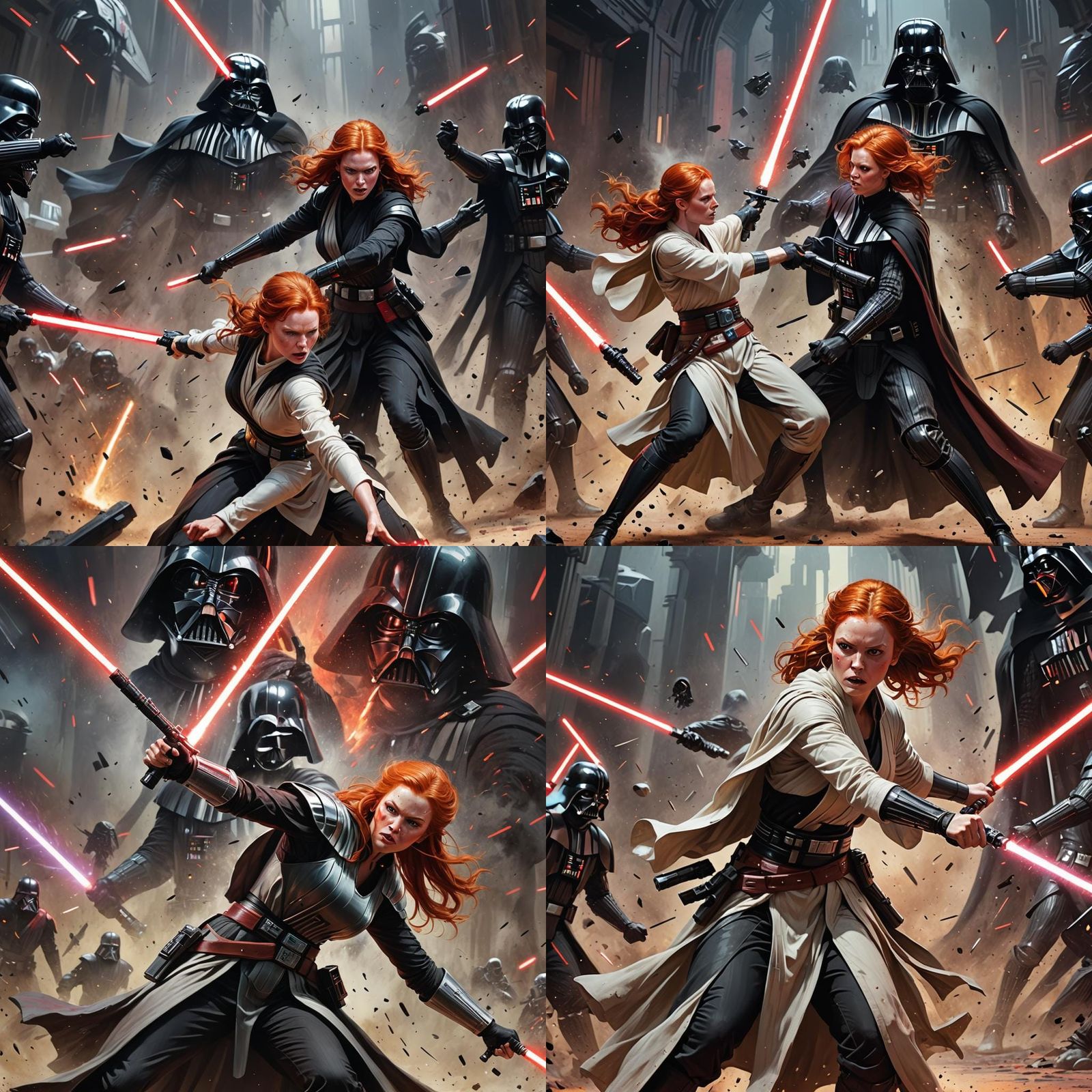 Epic Jedi vs. Vader Battle in Hyperrealistic Style