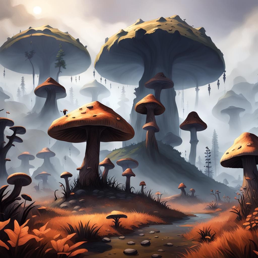 Misty Morrowind Landscape with Giant Mushrooms
