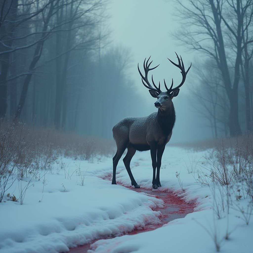 Majestic Deer in Winter Landscape with Eerie Lighting