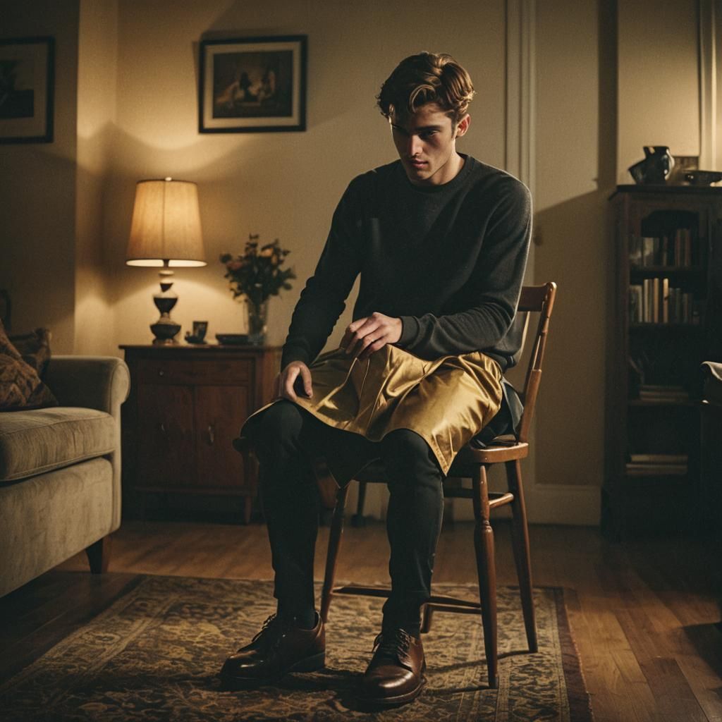 Dramatic Film Still of Young Man in Dress