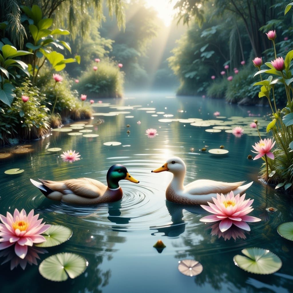 Two Ducks in a Dreamy Watercolor Landscape