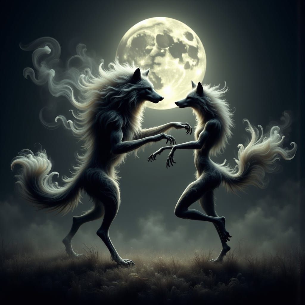 Werewolf and Werefox Dance Under the Moon