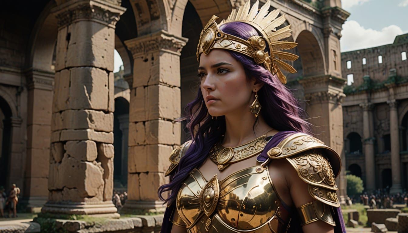 Ethereal Goddess Athena in Golden Armor, Purple Locks, Attac...
