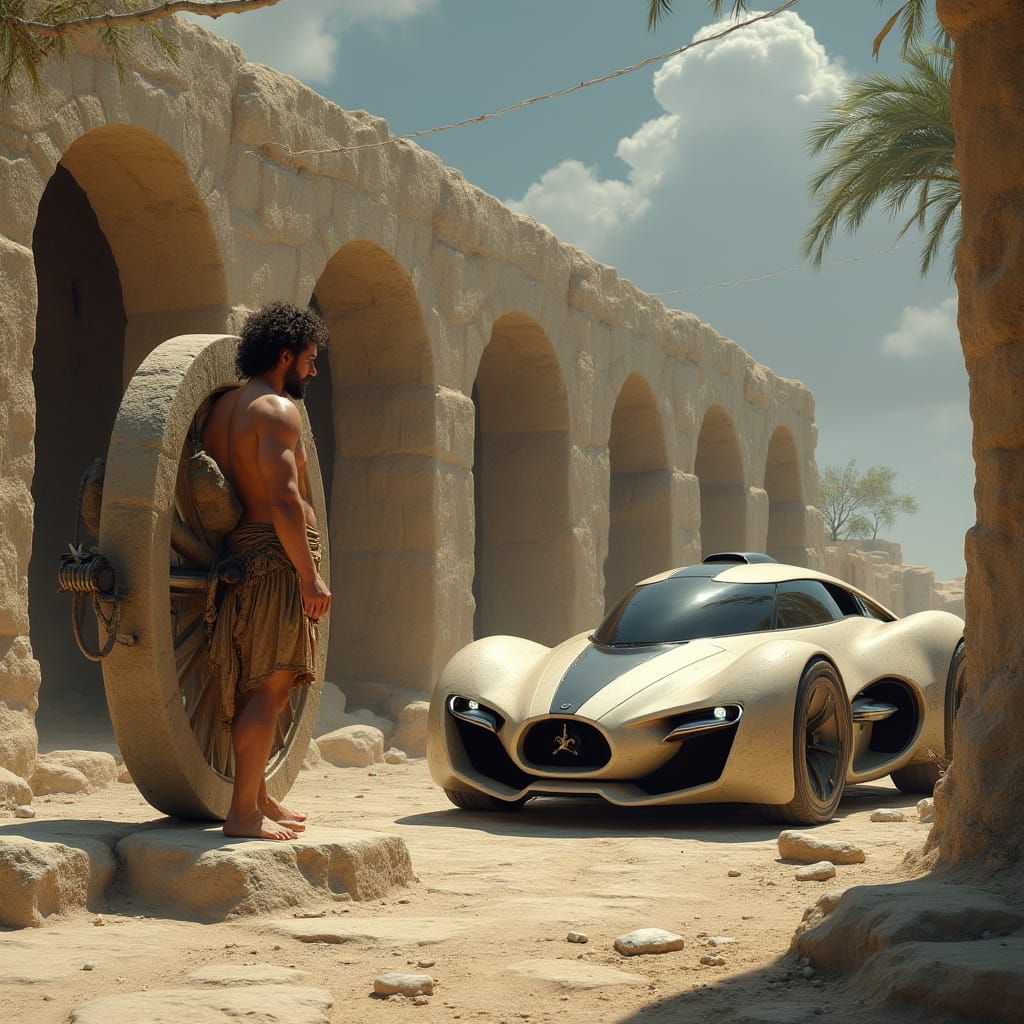 Caveman Invents Wheel Next to Futuristic Car