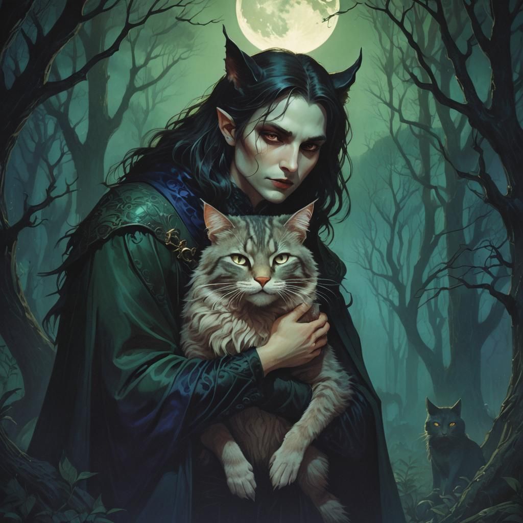 Vampire Cuddling Forest Cat in Dark Fantasy Style