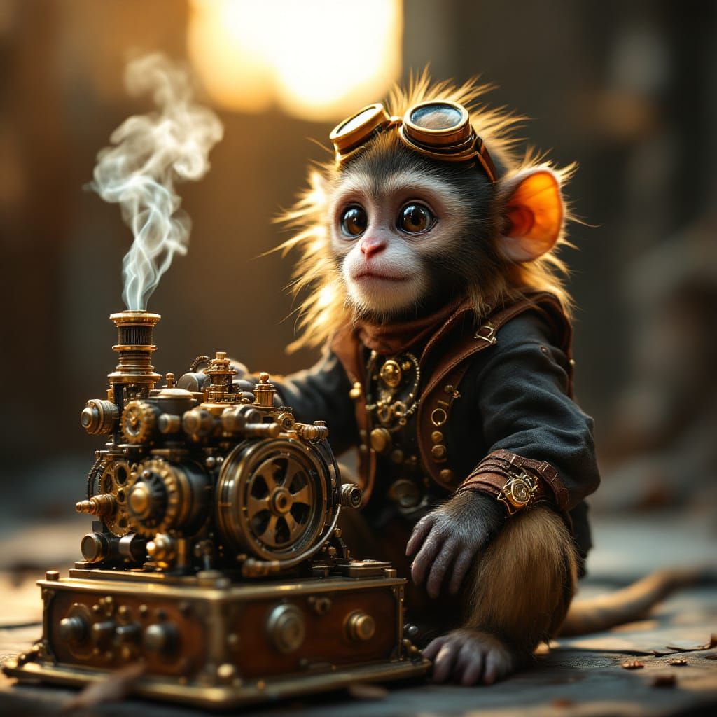 Steampunk Baby Monkey in Ornate Outfit with Miniature Engine