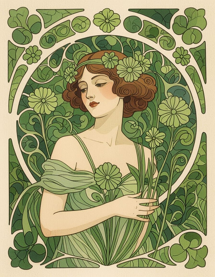 Art Nouveau Botanical Person in Verdant Watercolor Style
