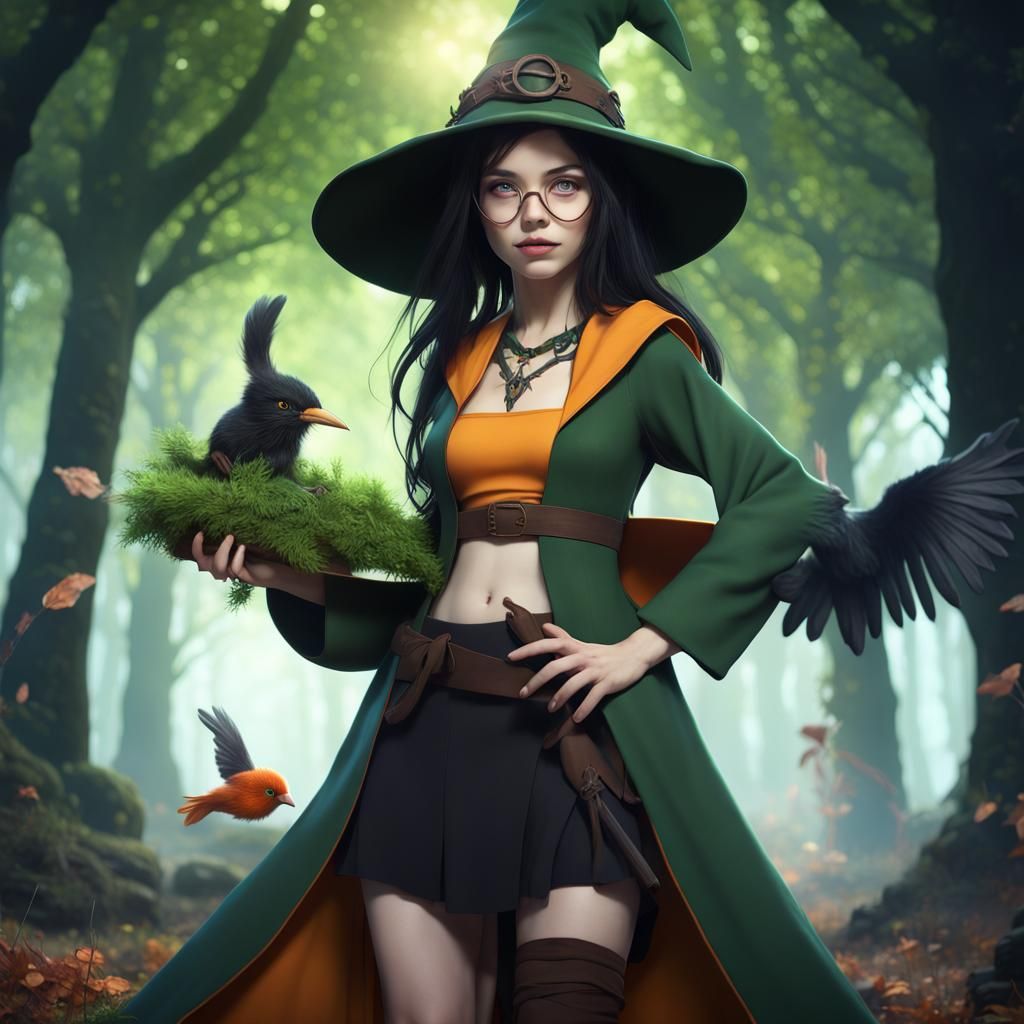 Anime Druid Girl in Forest Ruins with Magic