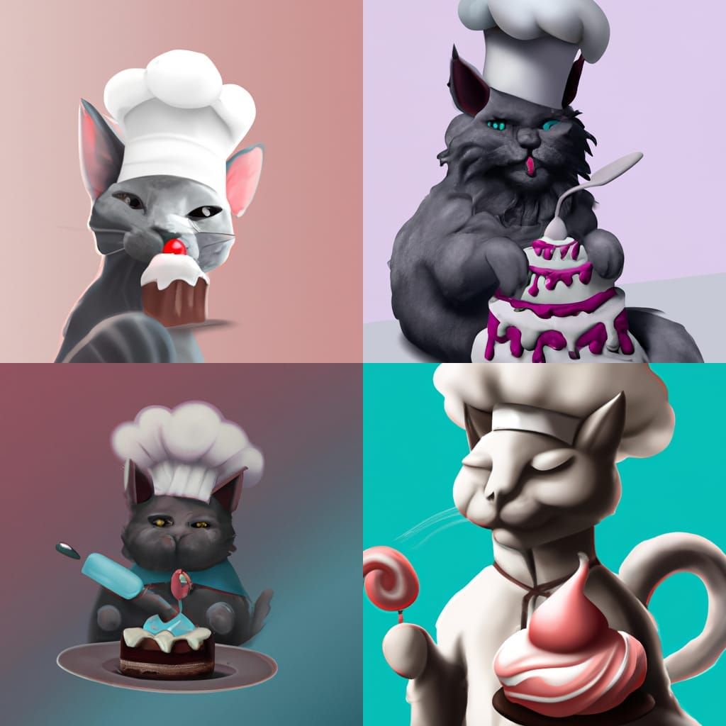 Grey Cat Chef with Cake: Minimalist Fantasy Art