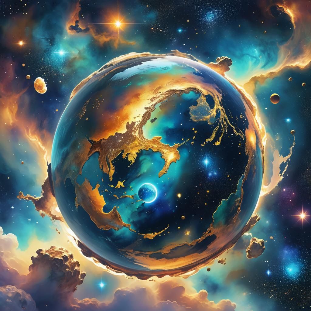 Cosmic Planet with Oceans and Stars in Watercolor Style