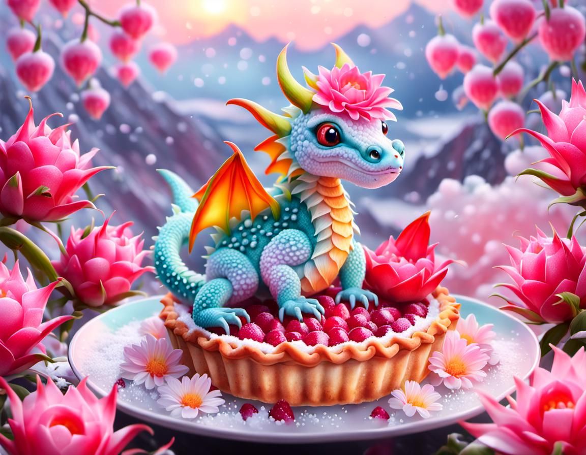Cute Dragon with Dragon Fruit Pie at Sunrise