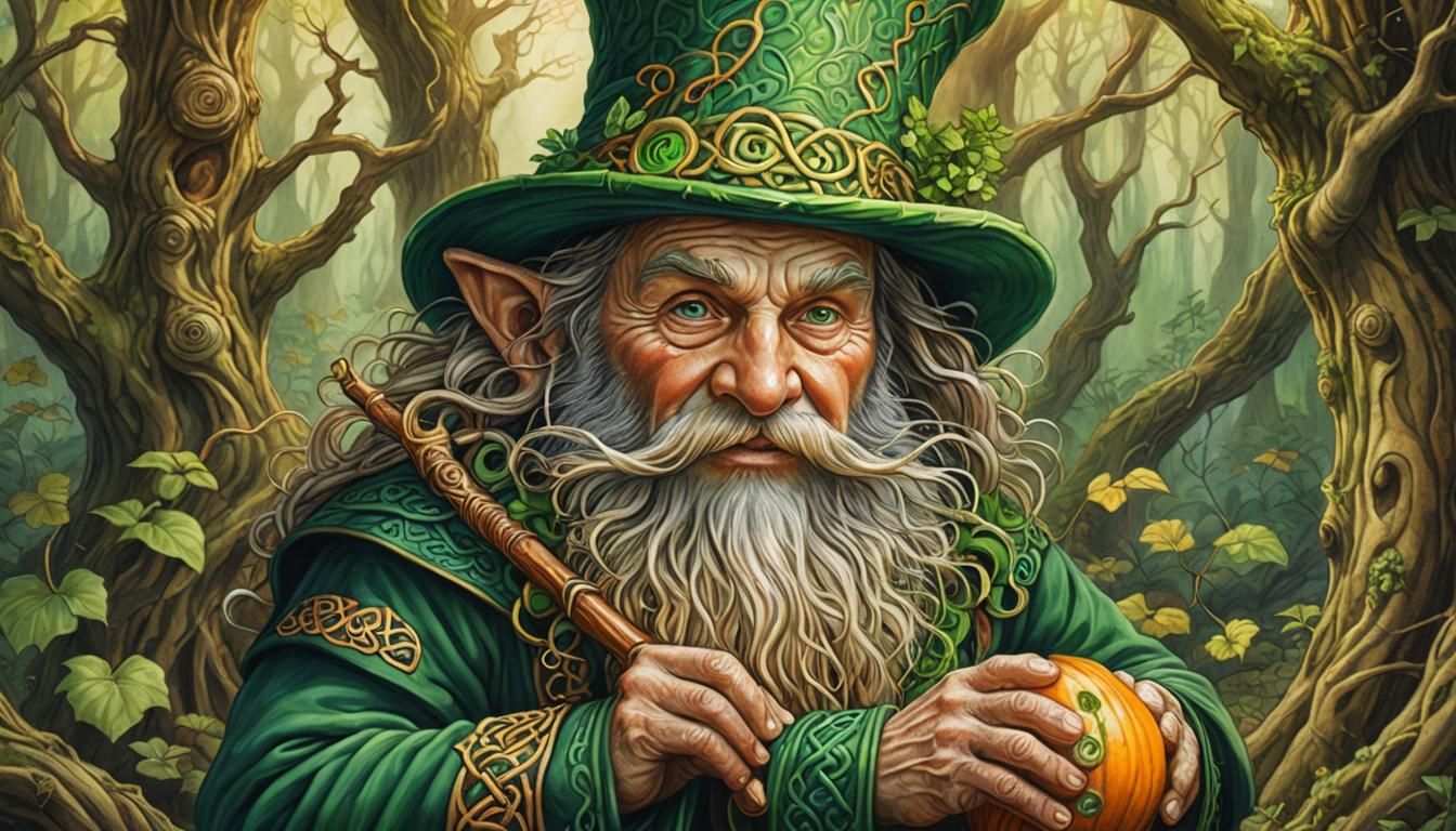Leprechaun Plays Gourd Flute in Celtic Forest