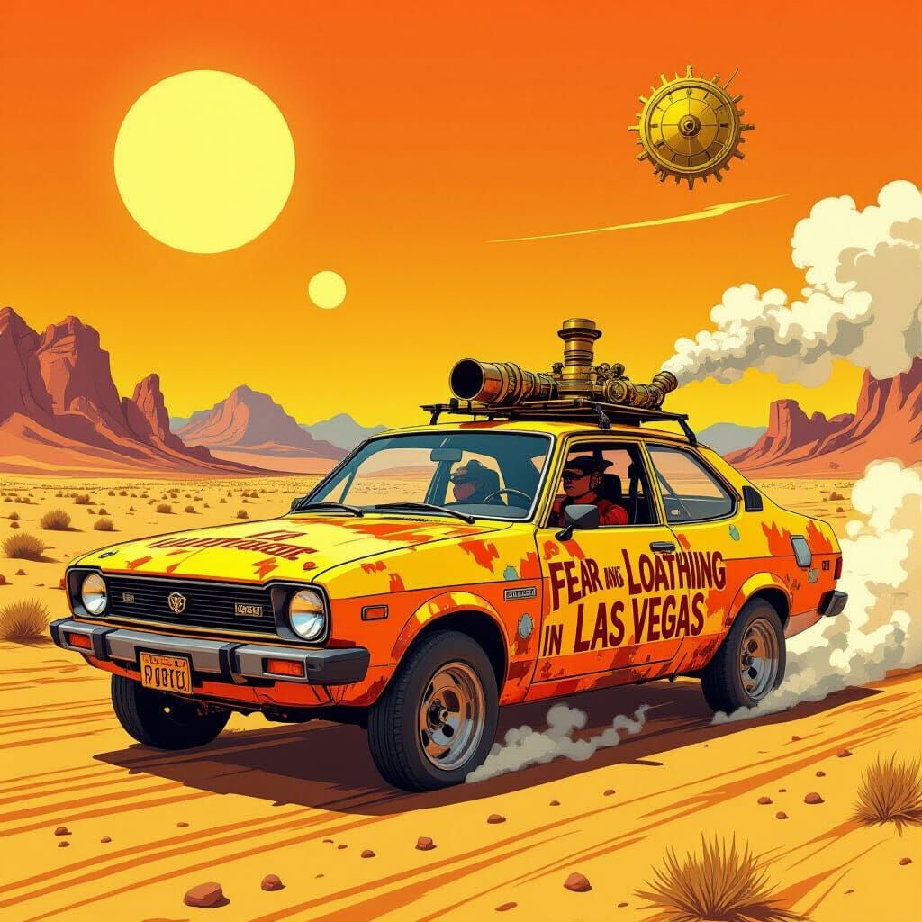 Steampunk Yugo in a Fiery Desert Landscape