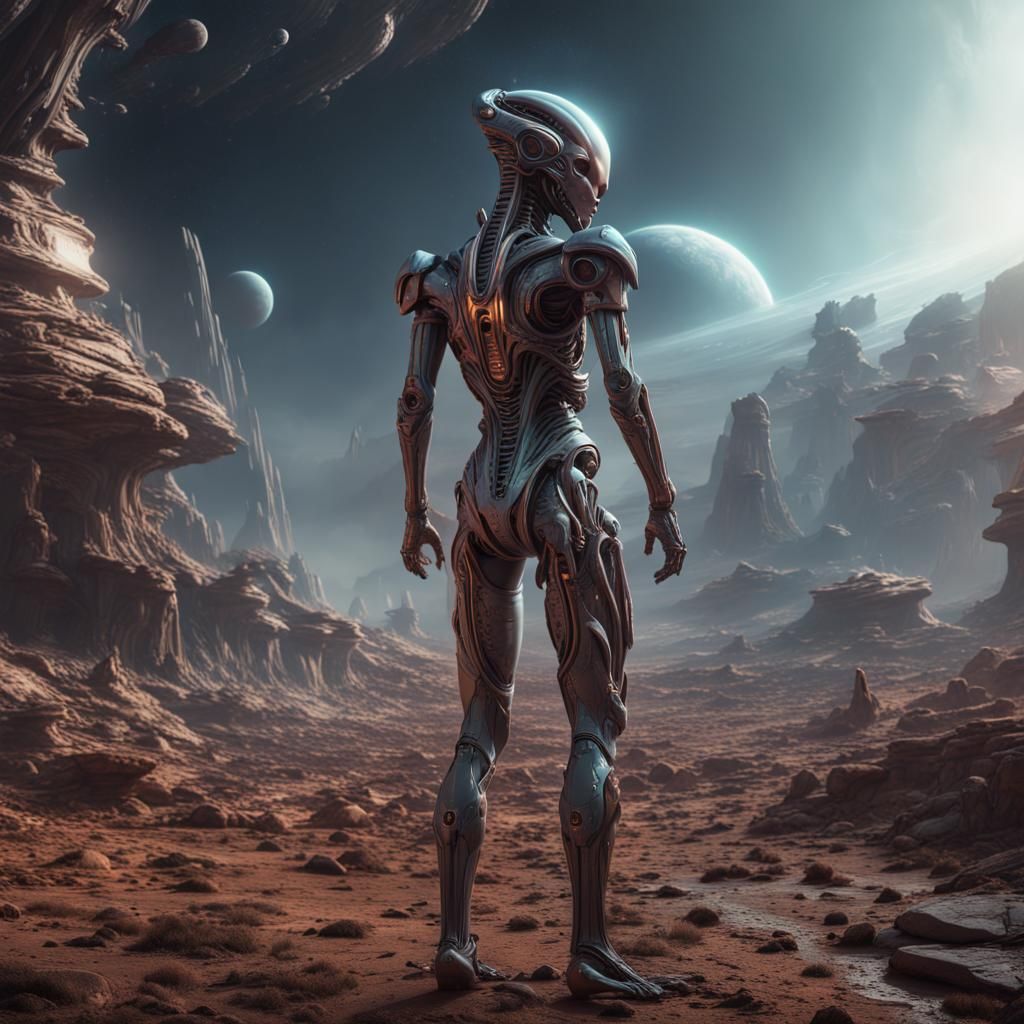 Human Cyborg's Alien Space Travel in Detailed Matte Painting