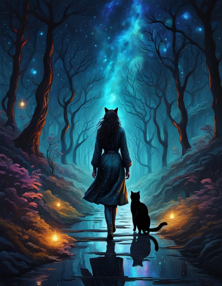 Girl and Cat Journey to Magical Forest, Astral Art