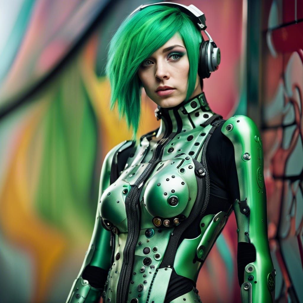 Emo Cyborg Girl in Tight Cybersuit Portrait