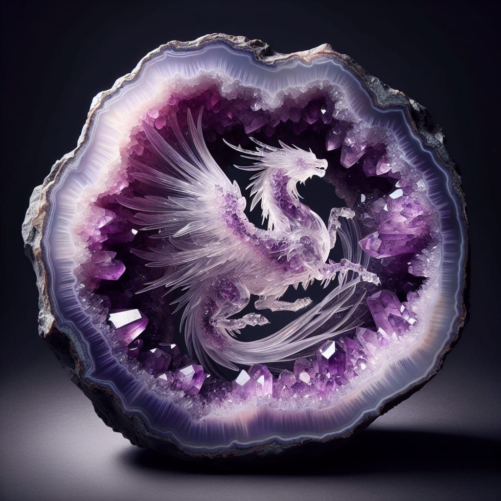 Surreal Amethyst Dragon Unfolds from a Glowing Crystal Geode