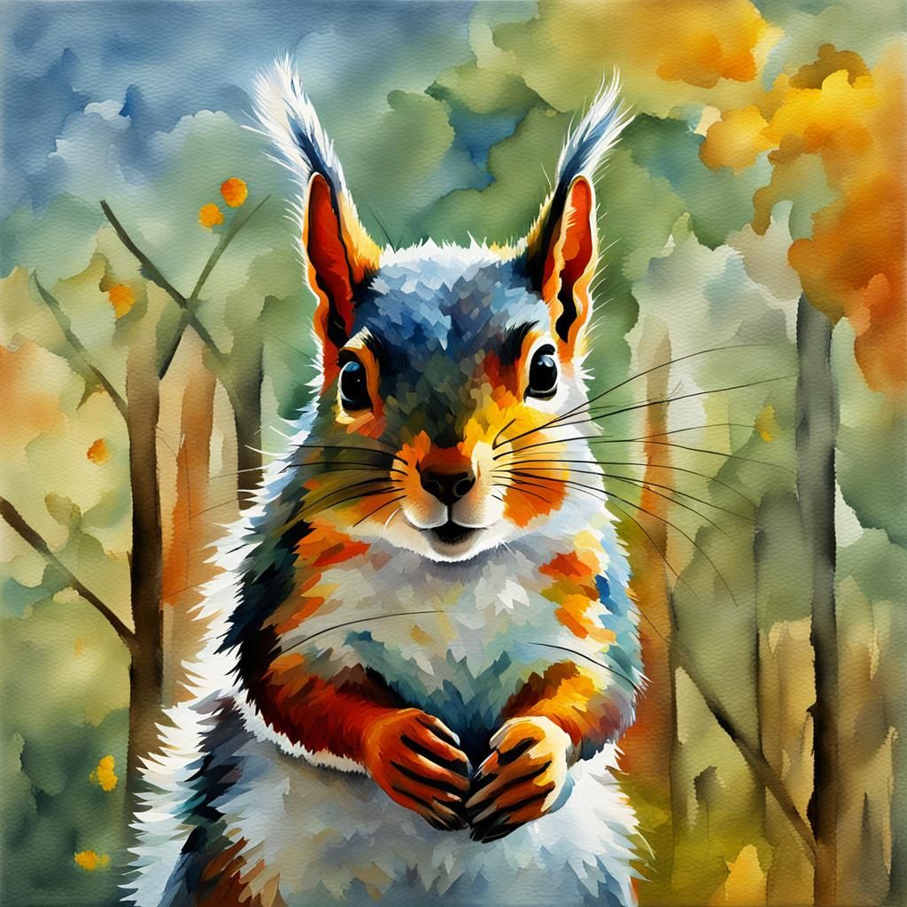Squirrel in Gouache Style Impressionist Painting