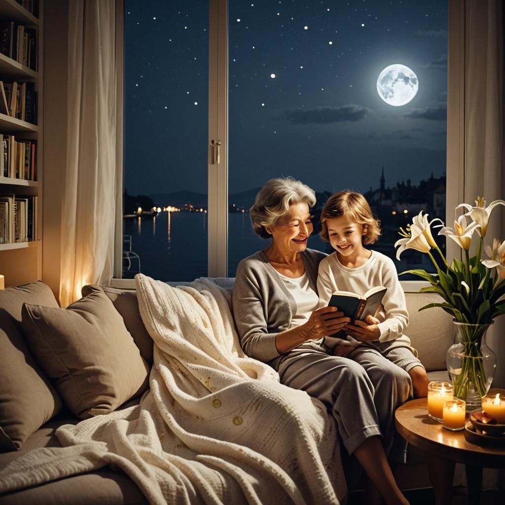 Cozy Night: Grandmother and Niece Reading