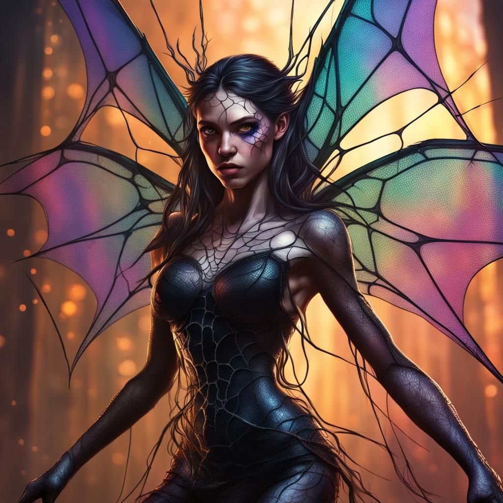 Dark Fairy with Spiderweb Wings in Hyperrealistic Style