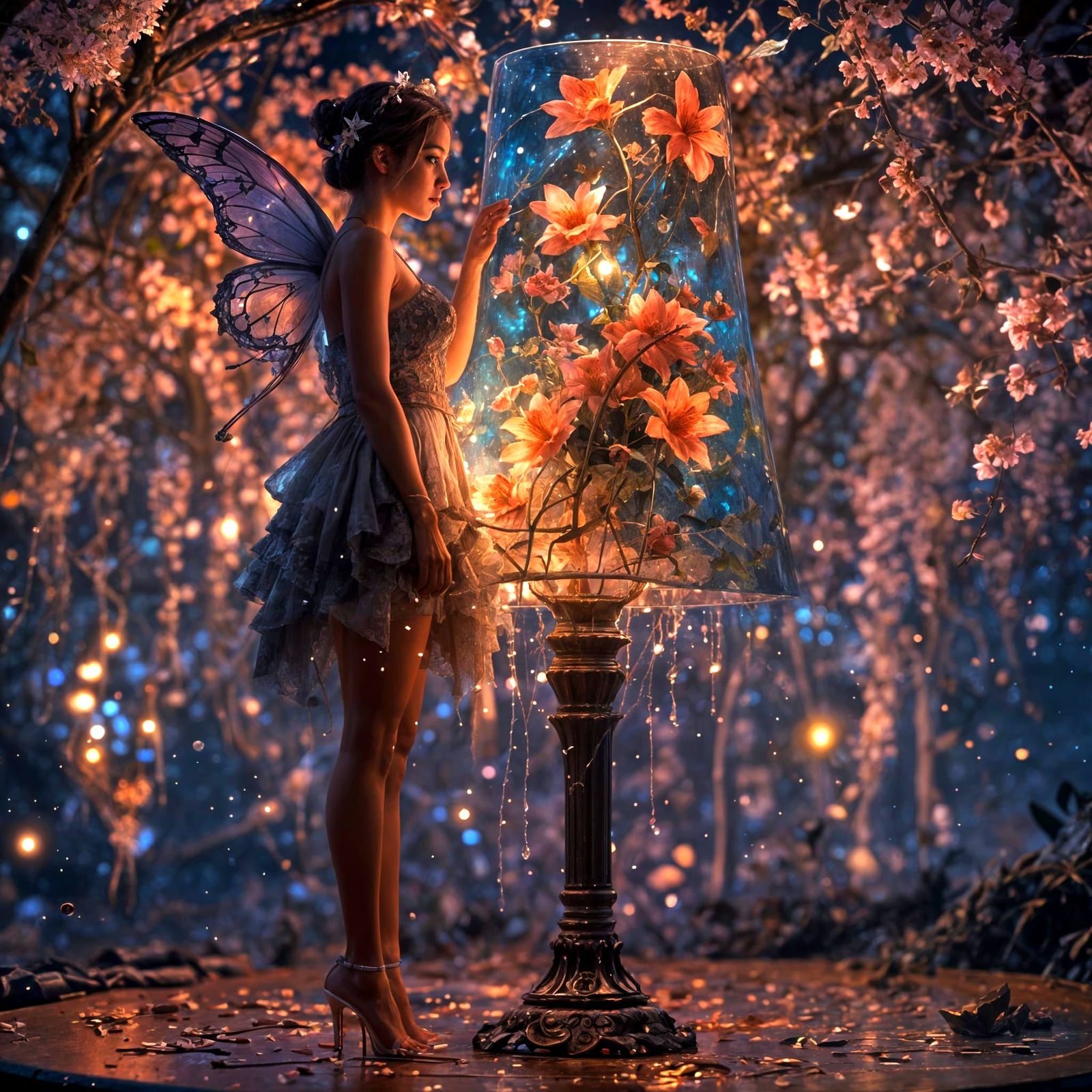 Fairies Dance Around Glowing Flower Lamp