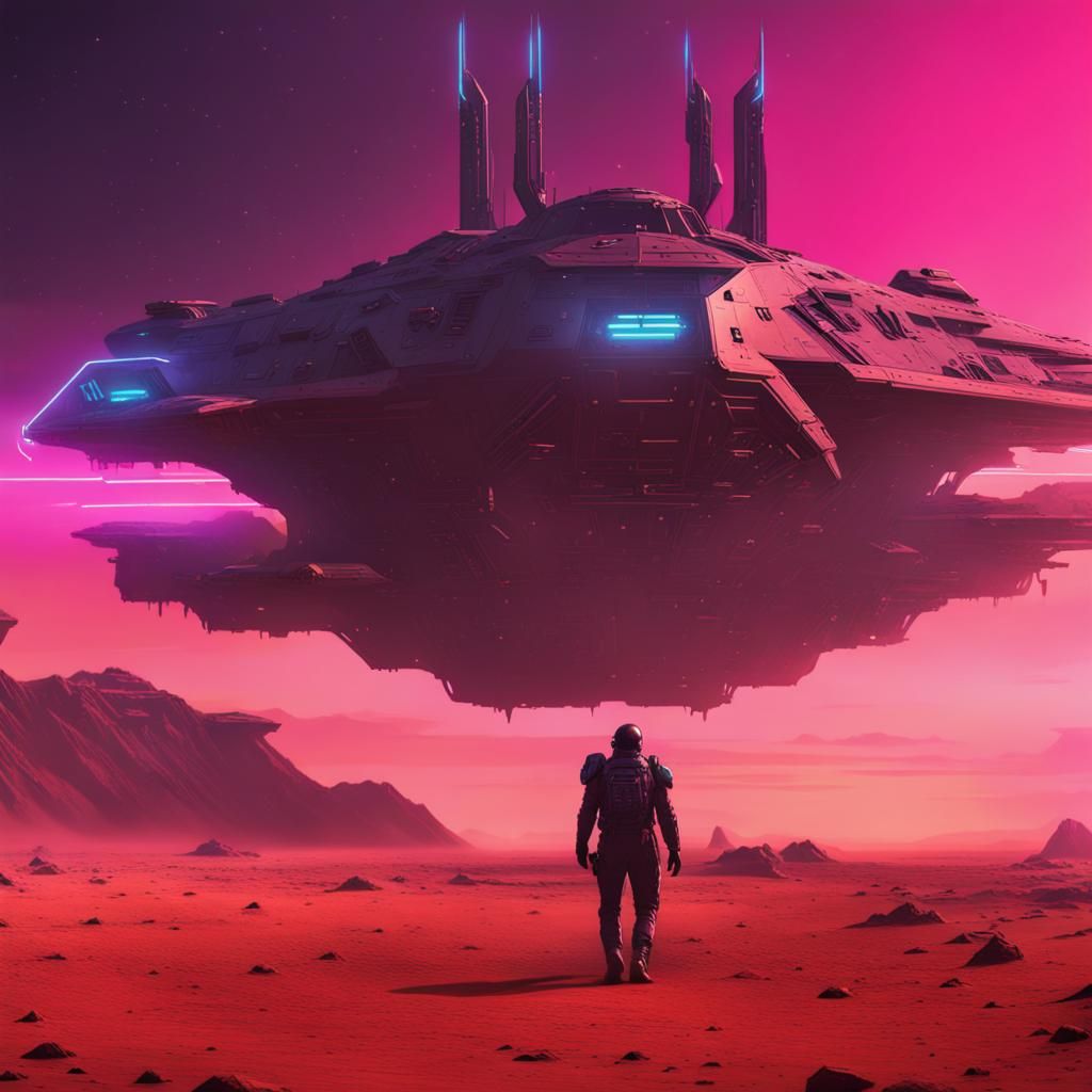 Cyberpunk Spaceship Landing on Barren World
