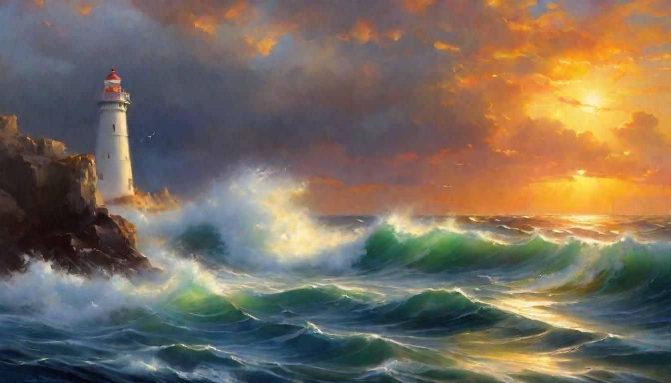 Ship Sails to Lighthouse: Dreamy Oil Painting