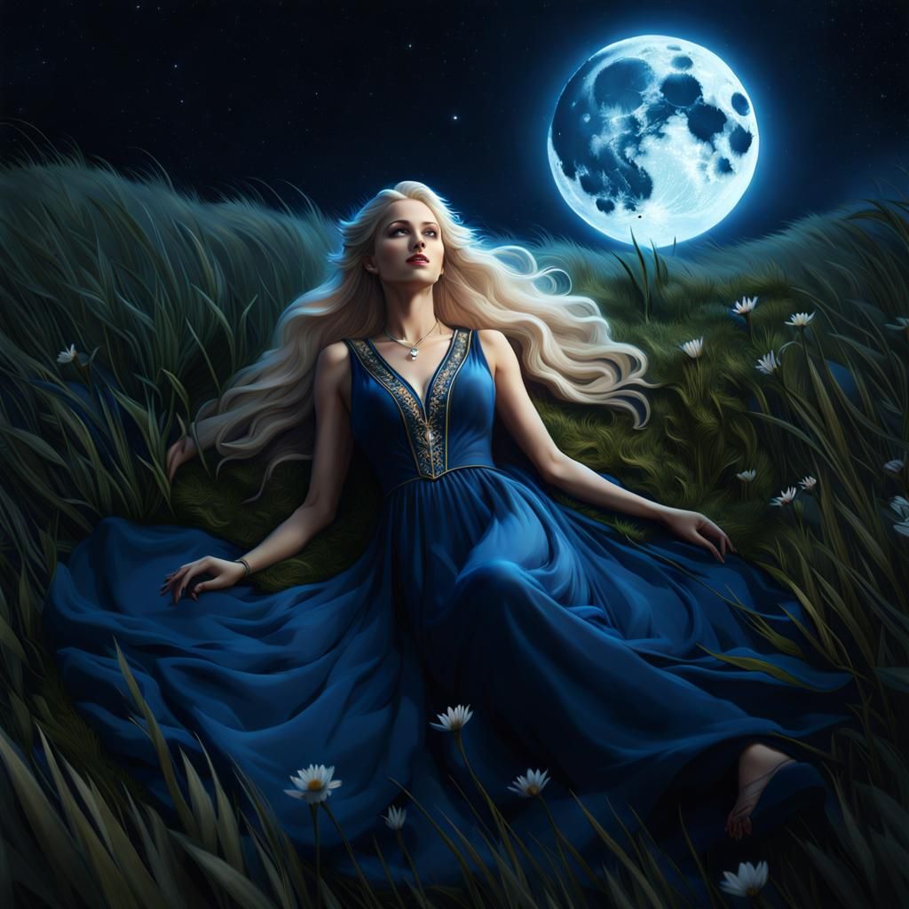 Young Woman Under Moonlight: Detailed Matte Painting