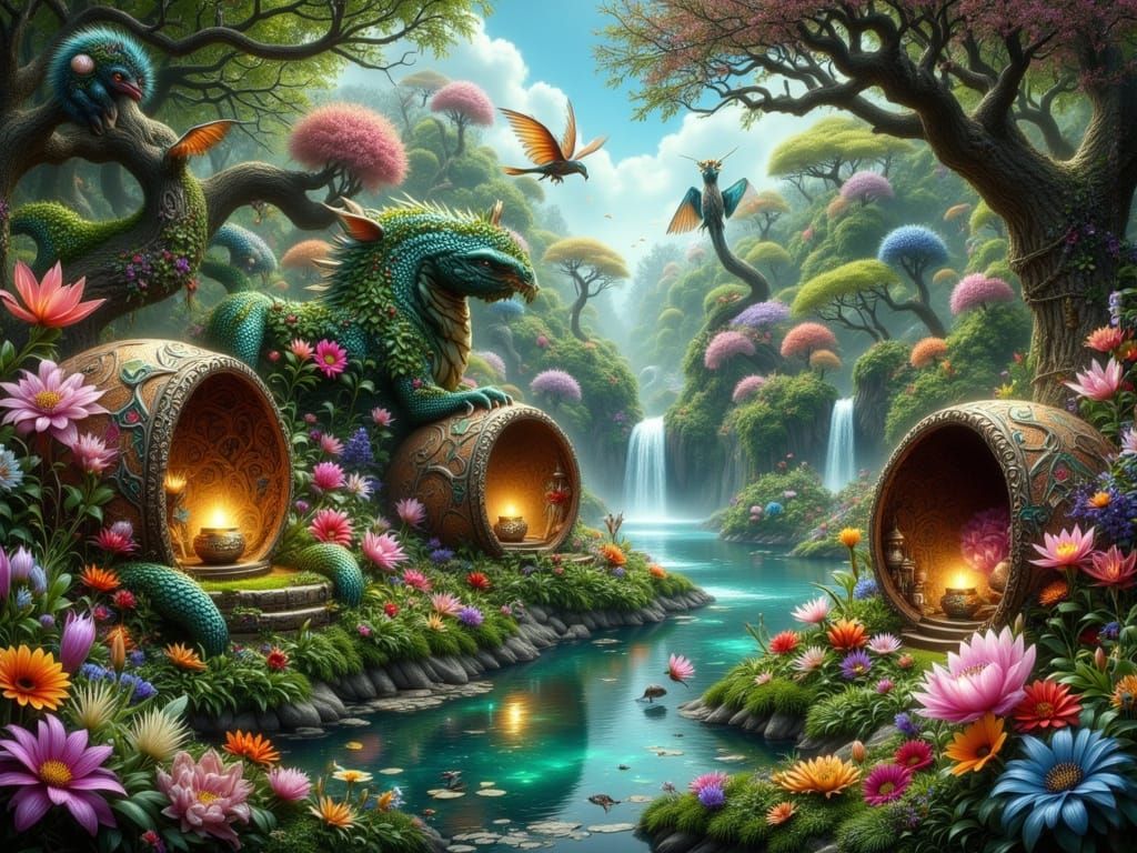 Lush Dragon Garden with Ethereal Aura