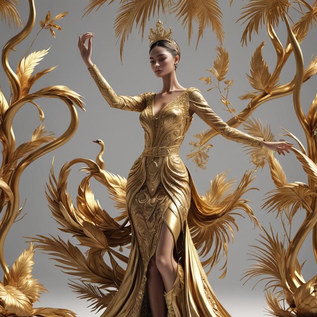 Animated 3D Swan Woman in Golden Silk Dress