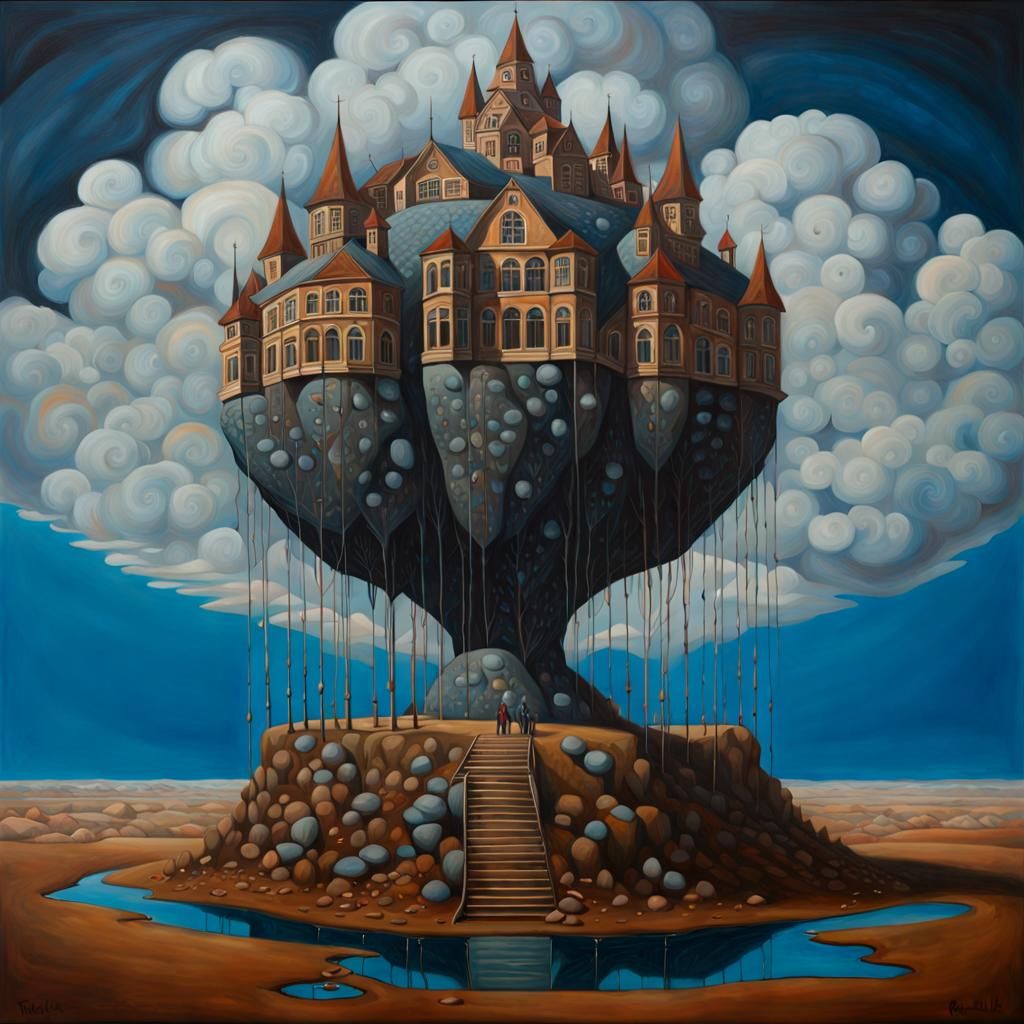 Surreal Oil Painting with Blue, Sienna, and Black