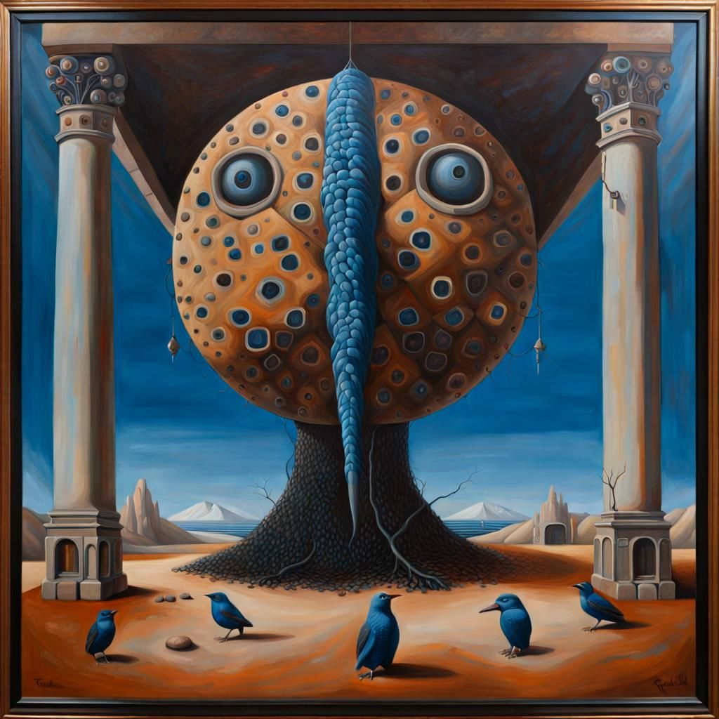 Surreal Oil Painting with Blue and Sienna Tones