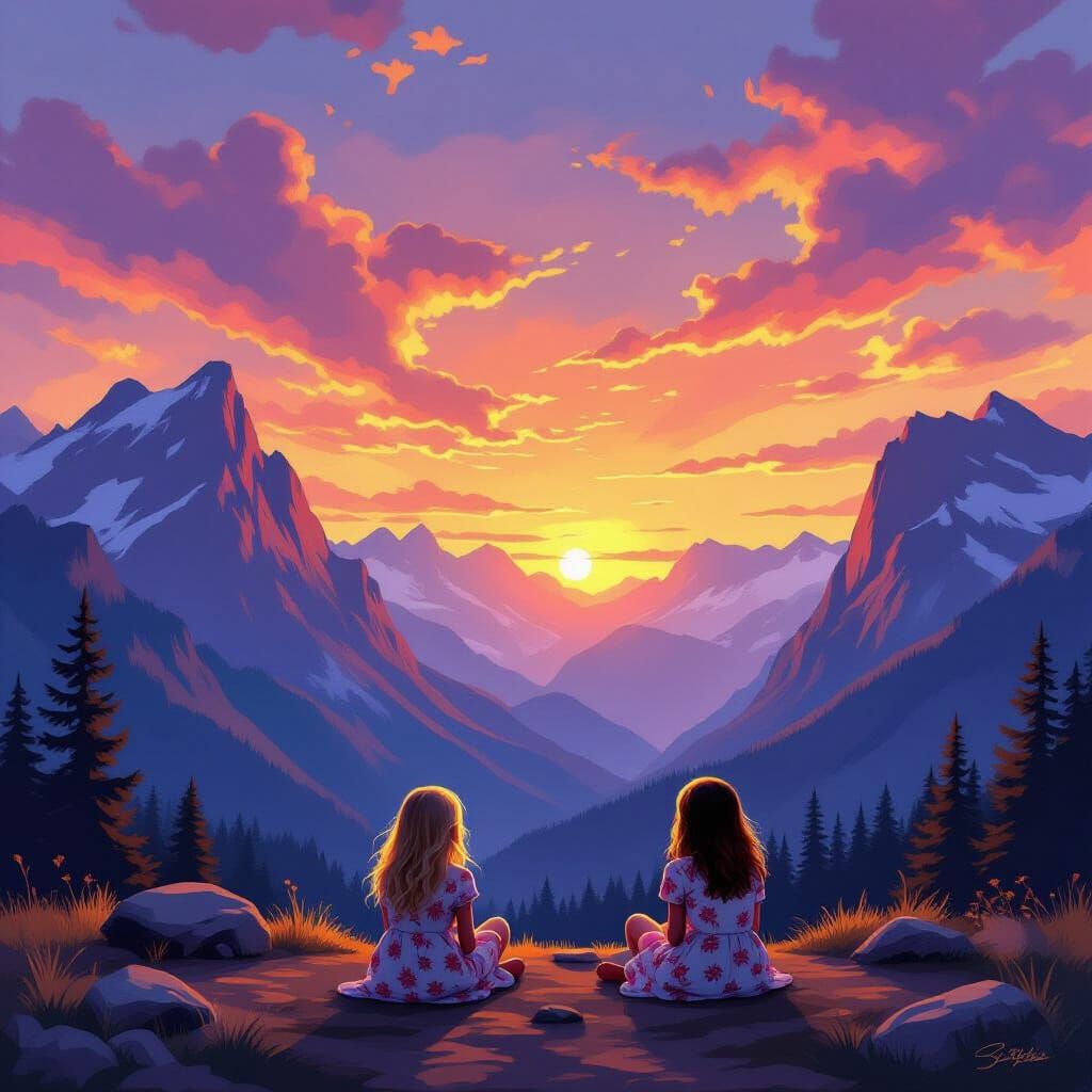 Majestic Mountains Sunset with Campsite and Floral Dressed G...