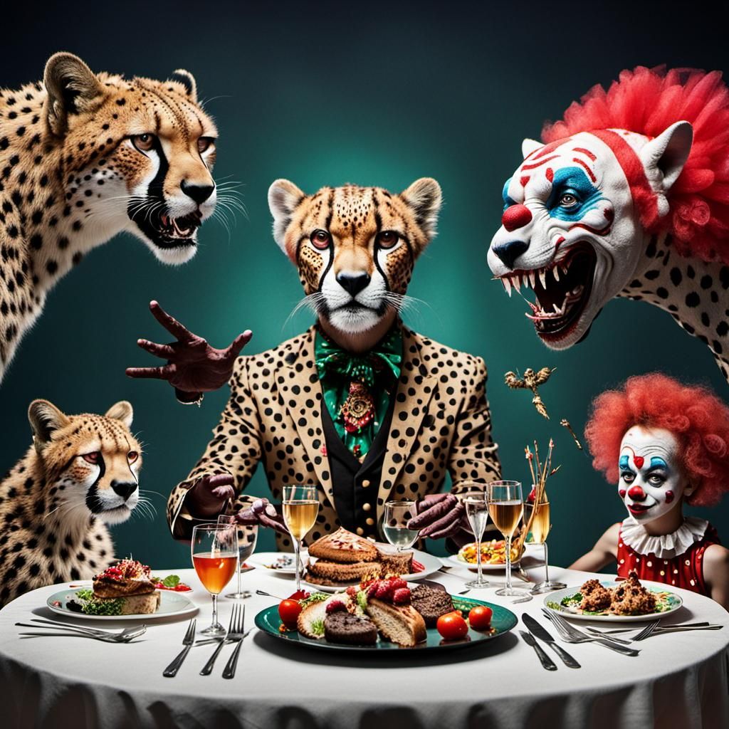 Surreal Dinner Party with Clowns, Animals, and Dragons