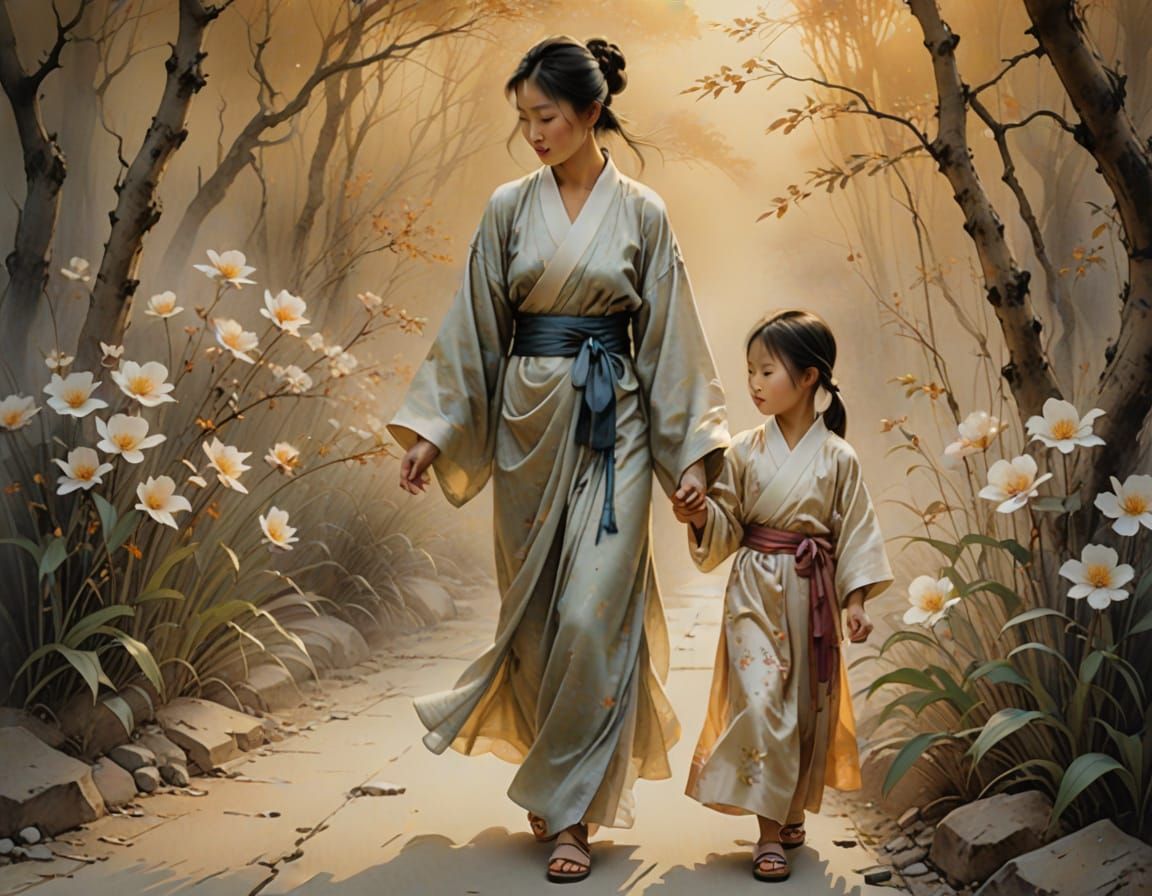 Elegant Chinese Painting of Mother and Daughter